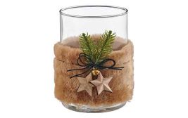 Glasgefäß mit Fell/Holzdeko